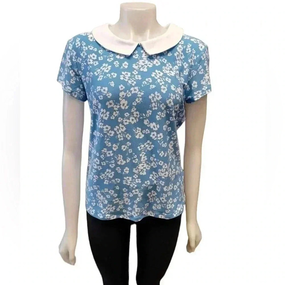 Suzy Shier Blue  Floral Short Sleeve Top Size Medium - Picture 1 of 7